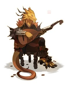 an animal sitting on top of a chair holding a guitar