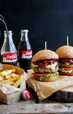 The BBQ sauce is so fragrant that it looks like the burger is cooked over an open fire. With a side of crinkle-cut fries and an iced Coke Low Carb Burger, Food Photoshoot, Burger Sauce, Bbq Sauce Homemade, Homemade Bbq, Delicious Burgers, French Fries, Chicken Burgers