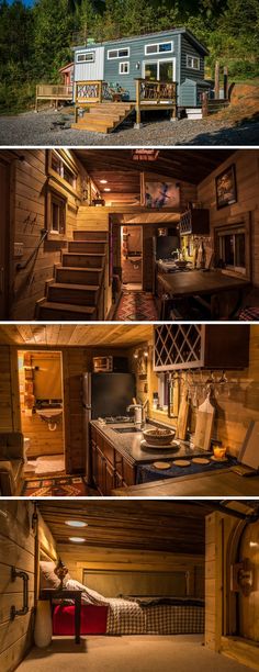 the inside and outside of a tiny cabin