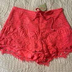 Nwt Crochet Shorts Size Small Hot Pink Color Zipper On Side And Drawstring Waist Summer Lace Stretch Bottoms, Stretch Lace Bottoms For Summer, Lace Bottoms With Built-in Shorts For Summer, Summer Vacation Crochet Trim Shorts, Crochet Trim Shorts For Summer Vacation, Fitted Crochet Trim Shorts For Spring, Summer Shorts With Crochet Trim For Spring, Crochet Shorts For Vacation In Spring, Bohemian Crochet Shorts For Spring