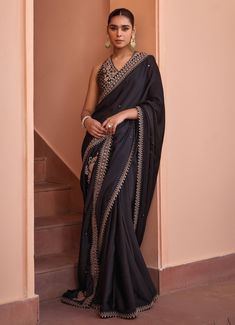 Black Pure Satin Embroidered Saree Set Isha Gupta Tayal - Fabilicious Fashion Tejaswi Prakash Black Saree, Black Saree With Golden Border, Isha Gupta, Satin Embroidery, Jacquard Blouse, Padded Blouse, Black Pure, Female Dress, Cocktail Outfit