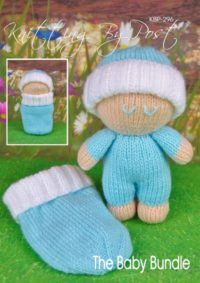 a knitted baby bootie and slippers set in blue with white trims