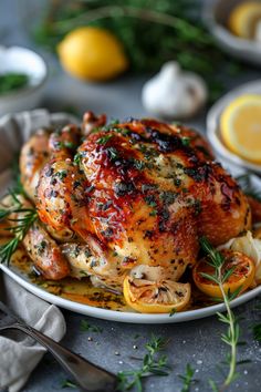 Roasted chicken garnished with herbs and lemon slices on a plate. Garlic And Herb Butter, Pan Roast, Herb Butter Recipe, Chicken With Garlic, Roast Chicken Recipe, Recipes Meat, Seared Chicken, Food Pic, Turkey Time