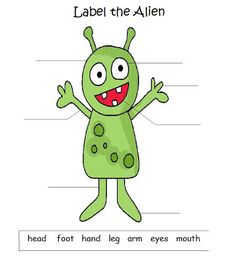 an image of a green monster labeled in the words label the alien with its arms and legs