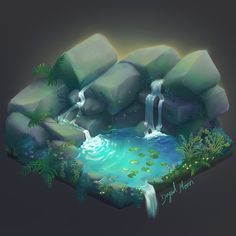 a digital painting of a pond with waterfall and rocks in the middle, surrounded by greenery