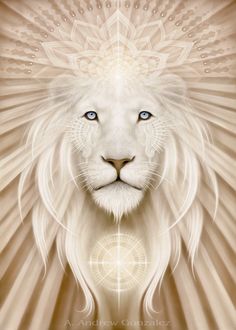 a white lion with blue eyes and an intricate pattern on its face, in front of a beige background