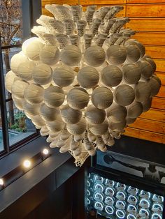 a chandelier hanging from the ceiling in front of a window filled with cups