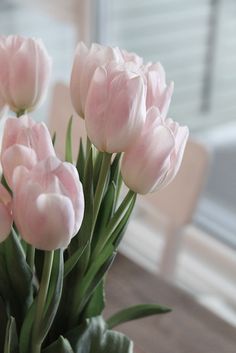 pink tulips are in a vase on the table