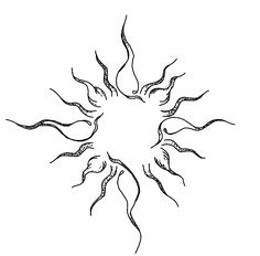 a black and white drawing of a sun with four arms in the shape of a circle