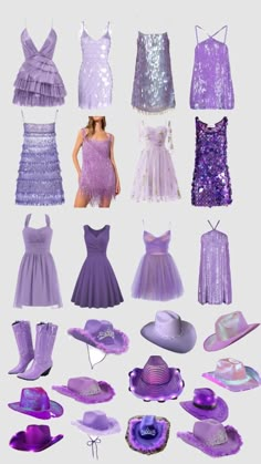 a bunch of purple dresses and hats are arranged in the shape of a collage