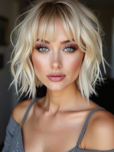 Blonde Shag Haircuts: 18 Trendy Ideas to Refresh Your Look Shag Hair Short Bangs, Short Bob Ash Blonde, Platinum Asymmetrical Bob, Shaggy Bob With Bangs Thick Hair, Layered Bob Hairstyles Blonde, Short Blonde Shag Haircut, Short Blonde Bobs With Bangs, Short Blonde Bob With Fringe, Platinum Blonde With Dimension