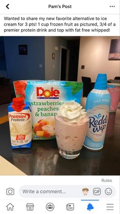 an image of food and drink on the table with caption that reads, i wanted to share my favorite alternatives to ice cream for 3 plus 1 cups frozen fruit