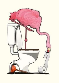 a pink flamingo sitting on top of a toilet