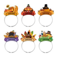 six thanksgiving headbands with turkey, pumpkin and pilgrim hats