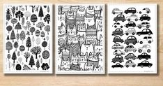 three coloring pages with cars and trees on them, one is black and the other has white