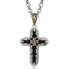 Montana Silversmiths Antiqued Two Tone Radiating Cross Necklace, NC4776 Black Overlay, Southwest Jewelry, Tractor Supplies, Tractor Supply, German Silver, Cross Jewelry, Cross Designs, Accessories Jewelry Necklace, Small Flowers