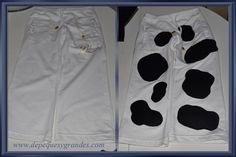 two pairs of white jeans with black spots on them