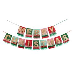 merry christmas banner with glitter letters and fringes hanging from clothes line against white background