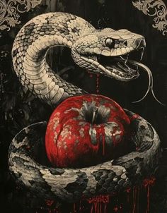 a painting of a snake eating a red apple with blood dripping from it's mouth