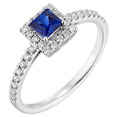 Sapphire and diamond engagement ring. Square cut center sapphire with a halo of round cut diamonds in a 14k white gold setting with diamonds along each side of the shank. 1 blue sapphire, approx. .46cts 32 round diamonds, G VS-SI approx. .26cts Size 7 and sizable 14k white gold Stamped: 14k 2.5 grams Width at top: 6.9mm Height at top: 5.5mm Width at bottom: 1.6mm Square Halo Engagement Rings, Sapphire Engagement Rings, Yellow Diamond Rings, White Gold Set, White Gold Engagement, White Gold Engagement Rings, Sapphire Engagement, Princess Cut Diamonds, Yellow Diamond