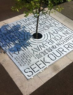 there is a tree in the middle of a sidewalk with words on it and a potted plant