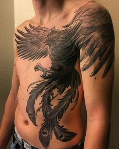 a man with a tattoo on his chest has a large black bird on it's back