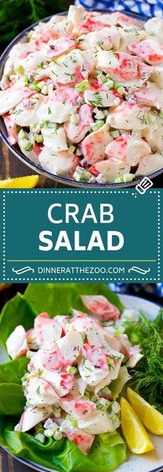 crab salad on a plate with lettuce and lemon wedges in the background