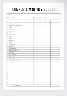 a printable budget sheet with the words, complete monthly budget and numbers on it