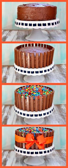 three different cakes with chocolate frosting and colorful candies on the top one has an orange bow