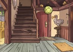 an image of a room with stairs and birds on the doormats in it