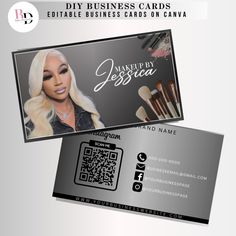 two business cards with makeup brushes on the front and back, one has a woman's face