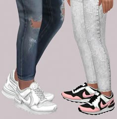 two people standing next to each other with sneakers on their feet and one wearing ripped jeans