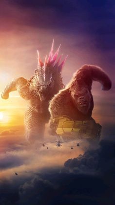 two godzillas in the sky with clouds