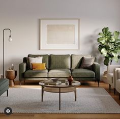 a living room filled with furniture and a potted plant on top of a table