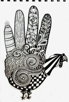 a black and white drawing of a hand with an intricate design on it's palm