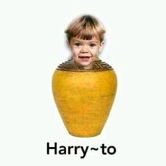 a young boy is standing in front of a yellow vase with the words harry - to on it