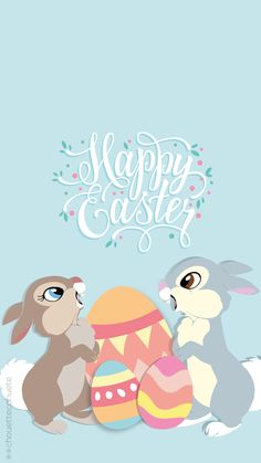 two rabbits and an easter egg with the words happy easter written in white on a blue background