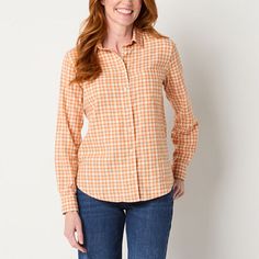 Update your wardrobe with quality essentials for cooler temps with this St. John's Bay women's plaid long-sleeve shirt. Crafted from 100% cotton, this button-down features a chest pocket, cuffed sleeves and a curved hem for easy layering. Wear it with jeans and boots.Features: EssentialsClosure Type: ButtonFit: Regular FitNeckline: Collar NeckPockets: 1 Front Slip PocketSleeve Length: Long SleeveApparel Length: 28 Inches - FrontFiber Content: 100% CottonFabric Description: TwillCollar: Button Do Spring Everyday Flannel Shirt With Button Closure, Womens Yellow Long Sleeve Shirt, Yellow Plaid Shirt Women, Mustard Long Sleeve Cotton Shirt, Classic Yellow Button-up Tops, Yellow Cotton Button-up Shirt, Long Sleeve Plaid Shirt, Update Your Wardrobe, Large Shirts