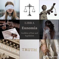 a collage of images with the words libra eunomia goddess of law and regulation