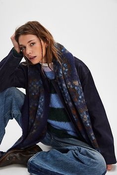 Cozy up in this so cool blanket scarf featured in an oversized silhouette and super soft fabrication with timeless printing and braided fringe at trim for the perfect finishing touch. | Kaleidiscope Blanket Scarf by Free People in Blue Cozy Blue Scarf For Fall, Cozy Blue Scarves For Fall, Blue Scarves For Fall, Cool Blanket, Braided Fringe, Bandana Scarf, Mother Denim, Blanket Scarf, Oversized Silhouette