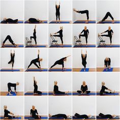 a woman doing yoga poses on a blue mat