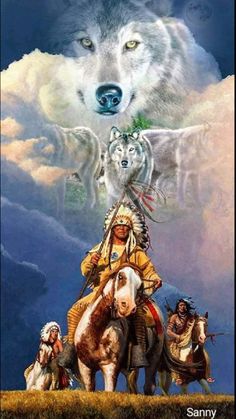 an image of native americans riding horses with wolfs