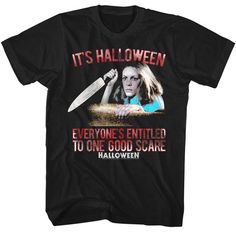 Halloween Goodscare Men's T-ShirtMen's t-shirt featuring Halloween Goodscare. High quality, professionally screen printed graphics and machine washable classic movie t-shirts & TV graphic tees. Size: Men's Color: Black Men's Short Sleeve T-Shirt 100% cotton Officially Licensed Memorable Quotes, Disney Stars, Tee Shirt Homme, Movie T Shirts, Halloween T Shirt, Halloween Tshirts, Fun To Be One, Yoga Clothes, Black Design