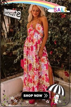 Red Halter Neck Backless Floral Print Maxi Dress with Ties Pink Backless Sundress For Vacation, Backless Pink Sundress For Beach Season, Pink Halter Neck Maxi Dress For Beach Season, Summer Pink Backless Maxi Dress, Pink Backless Maxi Dress For Summer, Pink Backless Beach Dress, Beach Party Sundress With Tie Back, Pink Summer Maxi Dress For Holiday, Pink Maxi Dress For Summer Holiday