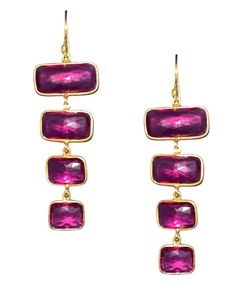 Like a beautiful spring flower, these luxurious, Cascading Drop Earrings feature the very rare gemstone, Magenta Quartz, a mystical gemstone with an inviting, bright magenta translucence.  Quartz is a gemstone that is a symbol of water. Water can get along with many kinds of things and cover everything up with kindness. Quartz has a meaning and properties of increasing energy because water can absorb everything and expand it widely. Long Drop Gemstone Party Earrings, Long Drop Gemstone Earrings For Party, Elegant Pink Faceted Earrings, Elegant Pink Long Drop Earrings, Elegant Pink Long Drop Chandelier Earrings, Pink Fusion Style Formal Earrings, Pink Gemstone Accented Party Earrings, Pink Gemstone Accented Earrings For Party, Pink Party Earrings With Gemstone Accents