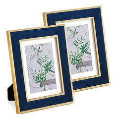 two framed pictures sitting next to each other on a white surface with blue trim around them