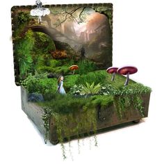 an artistic scene with mushrooms and plants in the forest, on top of a suitcase