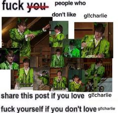 there is a collage of photos with people in green clothes and text that reads, i share this post if you love glitharile