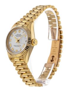 Ladies Rolex 26mm Presidential 18K Solid Yellow Gold Watch with White Dial and Fluted Bezel. Pre-Owned SN# U19**** Brand: Rolex. Crystal: Sapphire. Dial Color: White. Gender: Women's. Bezel: Fluted Bezel. Condition: Very Good. Case Dimensions: 26mm. Metal Type: 18K Solid Yellow Gold. Movement: Self-Winding (Automatic). Bracelet / Strap: Presidential 18K Solid Yellow Gold. Box / Certification: Rolex Box / Certificate of Authenticity. Warranty: One (1) Year Limited Service Warranty. Women’s Rolex Gold, Rolex 28mm Women, Gold Rolex Women, Rolex 26mm, Visualization Board, Rolex Presidential, Push Gifts, Zenith Watches, Rolex Watches Women