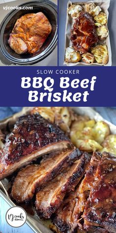 slow cooker bbq beef brisket with potatoes and coleslaw on the side